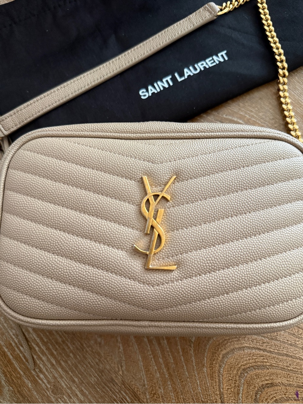 Saint Laurent Beige Quilted Lou Camera Bag with Gold YSL Hardware